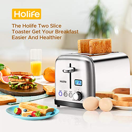 Toaster, HoLife 2 Slice Prime Rated Toasters [LCD Dispaly] Stainless Steel Bagel Toaster (6 Bread Settings, Bagel/Defrost/Reheat Function, 1.5" Wide Slots, Removable Crumb Tray, 900W, Silver)