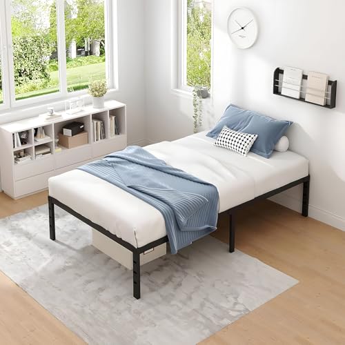 OSLIFE Base Cama Individual，18 Pulgadas de Altura ，Espacio de Almacenamiento Debajo de la Cama, con Agujeros en el Cabecero，Hierro Metálico Camas，Fácil de Montar, con Gran Capacidad de Carga