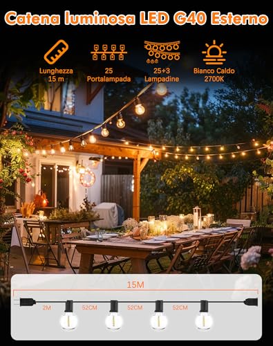 ROVLAK Outdoor Light Chain 15 m, Outdoor Garden Lights with 25 + 3 G40 LED Bulbs in Plastic, IP44 Waterproof, 2700 K Warm White Lights for Garden, Terrace, Balcony, Home Party