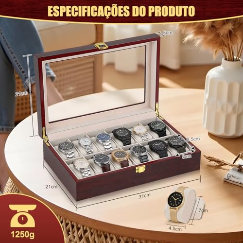 Caixa de Relógio com 12 Compartimentos, Caixa de Madeira para Relógios, Porta Relógio Masculino, Caixa de Relogio, Organizador Porta Relógio com Tampa de Vidro Grande