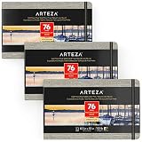 ARTEZA 5.1x8.3" Watercolor Book, Pack of 3 76 Pages per Pad, 110lb/230gsm, Cold Pressed Paper, Linen Bound with Bookmark Ribbon and Elastic Strap, for Watercolor Techniques and Mixed Media