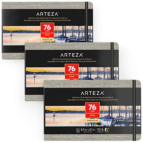 ARTEZA 5.1x8.3" Watercolor Book, Pack of 3 76 Pages per Pad, 110lb/230gsm, Cold Pressed Paper, Linen Bound with Bookmark Ribbon and Elastic Strap, for Watercolor Techniques and Mixed Media