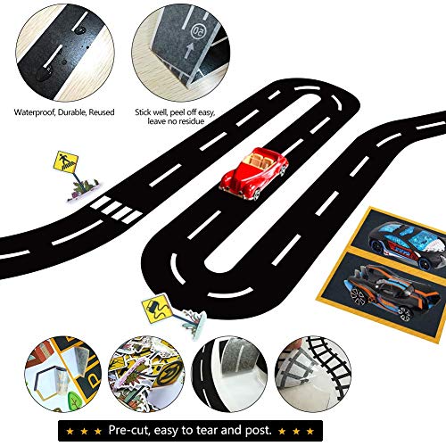 Hangnuo Road Tape Set for Kids Toy Cars Track with Curves Roads and Traffic Signs, Stick to Floors Walls - Creative Children Toys Birthday Gift