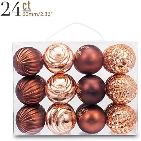 Yoland 2.36" Christmas Ball 24pcs Shatterproof Ornaments Tree Hangings for Xmas any Seasonal Holiday Parties Decorations with Gift-Box Champagne Coffee