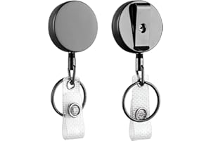 Will Well ID Badge Holder Reel with Clip and Keyring - Heavy-Duty All-Metal Casing with 27.5" UHMWPE Fiber Pull Cord for Durability and Easy Access, Holds up to 8 Keys - 2-Pack, Round, Glossy Black