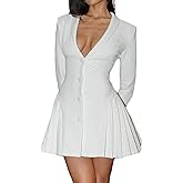 CORIRESHA Women's Elegant Deep V-Neck Long Sleeve Button Pleated Mini Blazer Dress