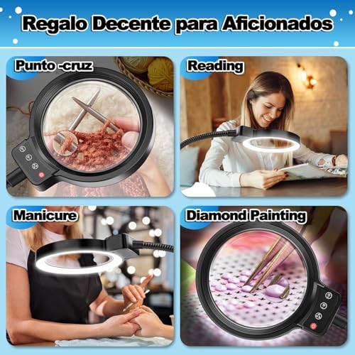 URPOWㅤ Lupa con Luz Led 30X 10X, LLámpara con Lupa 2 en 1, 3 Modos de Color, Oscurecimiento de 10 Niveles, para el Hogar, Oficina, Lectura, Costura, Bordado (Negro)