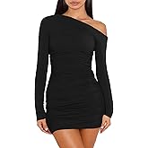Nsbonu Women's Sexy Off Shoulder Long Sleeve Ruched Bodycon Elegant Cocktail Party Mini Dresses