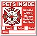 6 Pets Inside Red Safety Alert Warning Window Door Stickers; in Fire or Emergency They Notify Rescue Personnel to Save Pet; 3 X 3 Inches