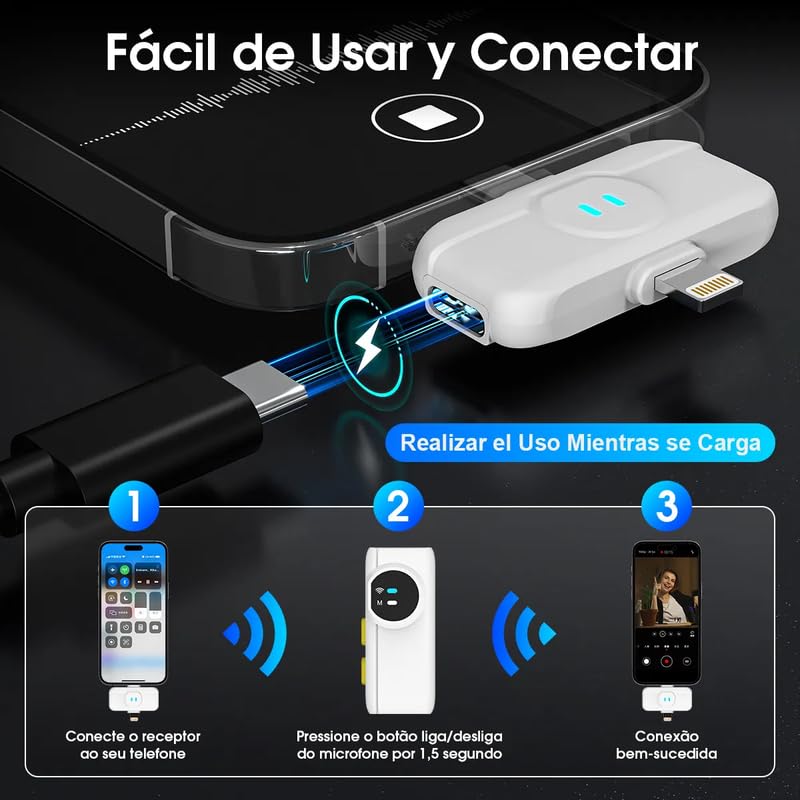Microfone de Lapela Sem Fio Anti Ruído 48kHz/24bit com Ímã Duplo Lightning/Tipo C Bateria 40h para Gravação de Vídeo e Streaming