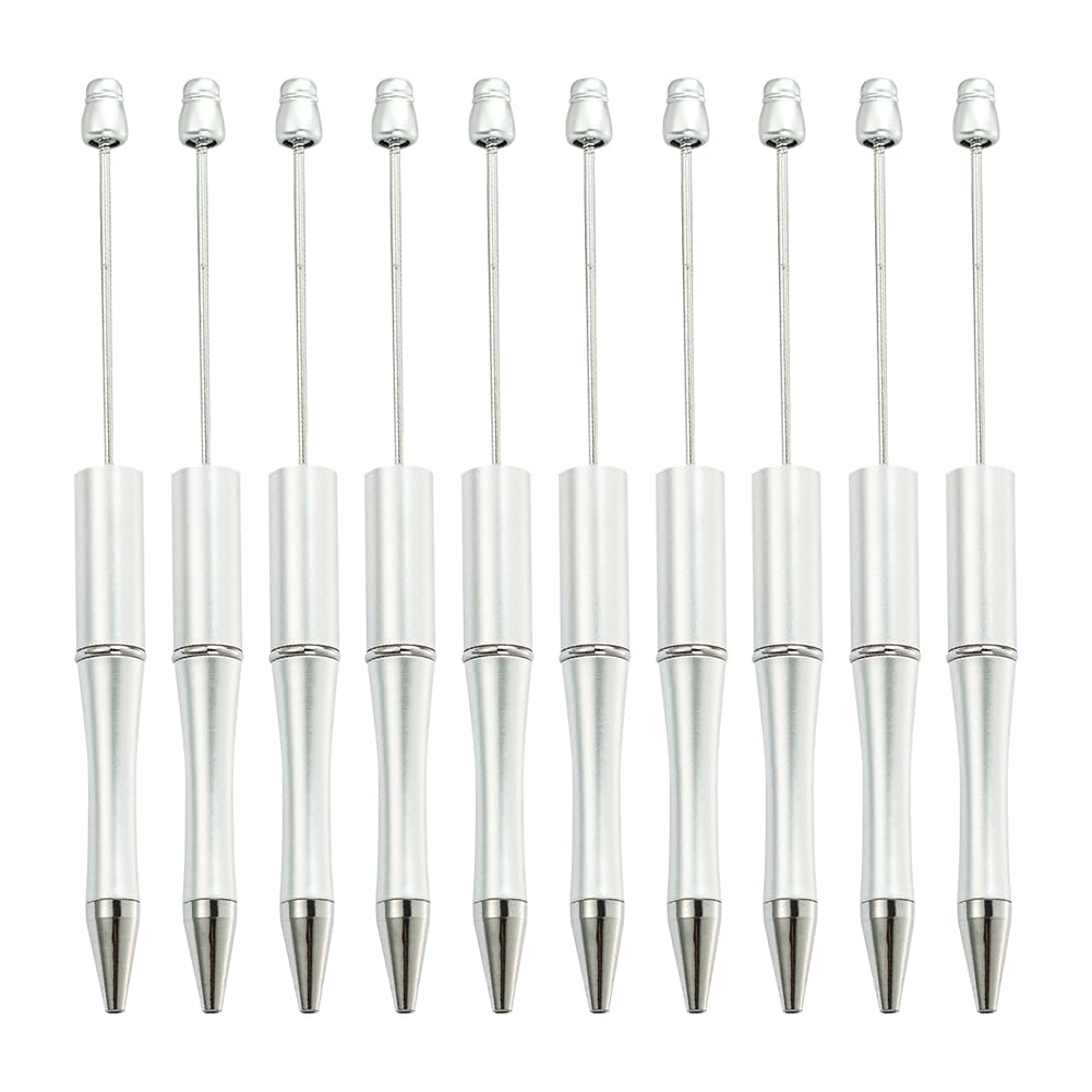 JIHUOO 12 Pcs Plastic Beadable Pens - Bead Ballpoint Pens, Silver, Black Ink, Cute & Cool for Students & Teachers