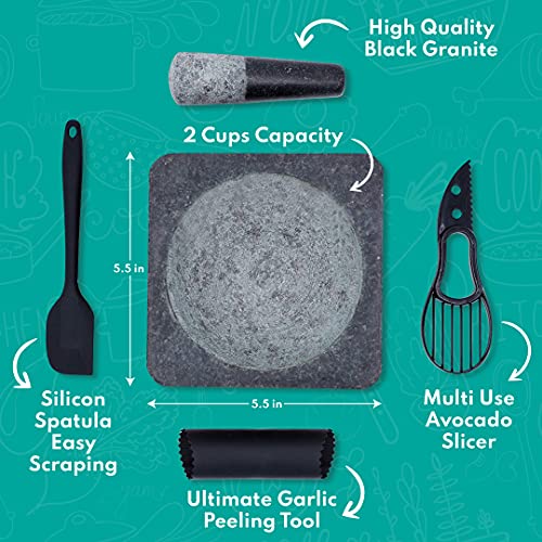 Large Mortar and Pestle Set with Garlic Peeler, Avocado Slicer and