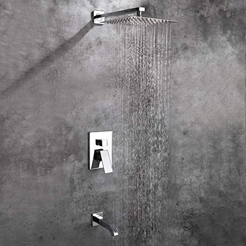 POP 10 Inch Bathtub Shower Faucet Set with Tub Spout Chrome Bathroom Luxury Rain Mixer Shower System Wall Mounted Rainfall Shower Combo Set, Single Handle Tub and Shower Trim Kit with Rough-in Valve