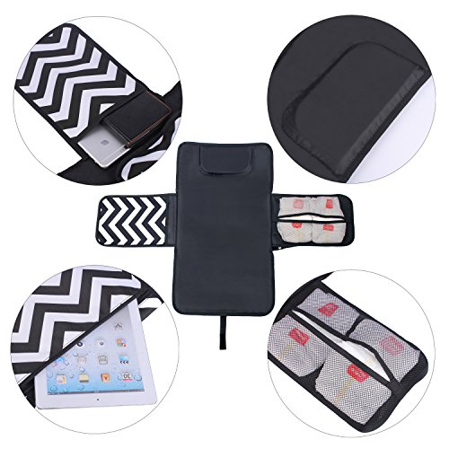 Baby Diaper Changing Pad - Delswin Portable Change Mat Station - Travel Organizer Clutch Kit for Newborns Toddlers Infants Diapering, Head Cushion and 3 Pockets (Black & White) - Thumbnail 2