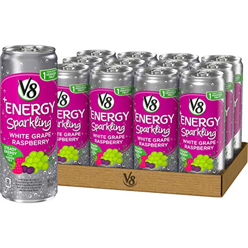 V8 +Energy Sparkling Healthy Energy Drink, Natural Energy from Tea, White Grape Raspberry, 12