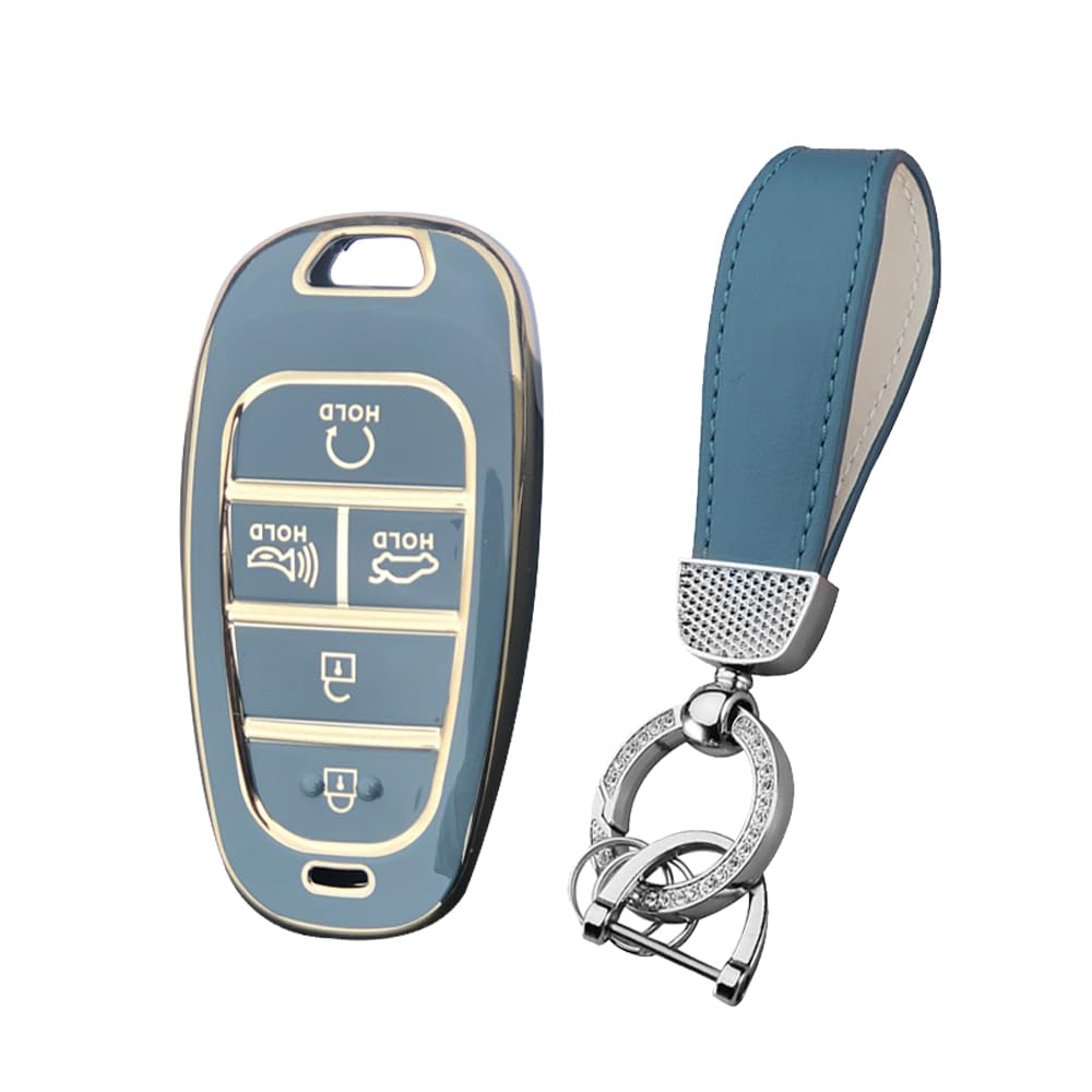 HIBEYO Car Key Case Fits Hyundai Key Cover Silicone Protective Case for Hyundai Tucson Solaris Sonata Hybrid Nexo NX4 NX8 Ioniq 5 Wireless Car Remote Controls 5 Buttons Blue