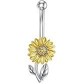 LEECCI Sunflower Belly Button Ring 925 Sterling Silver Sunflower Navel Ring Flower Dangle Belly Piercing Jewelry for Women