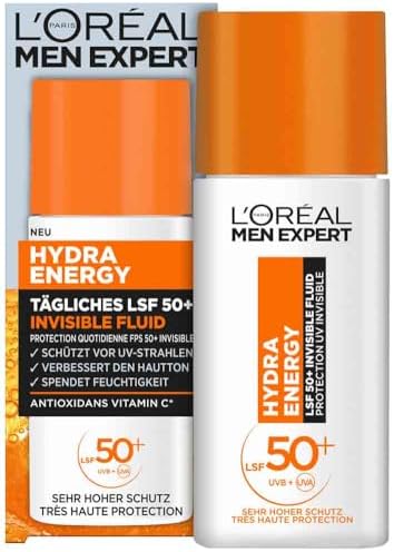 UV Sonnenschutz LSF 50 für Männer, Invisible Fluid für das Gesicht gegen Sonnenstrahlen, Herren Sonnencreme SPF 50+ gegen Hautalterung mit Vitamin C, Hydra Energy, 1 x 50 ml