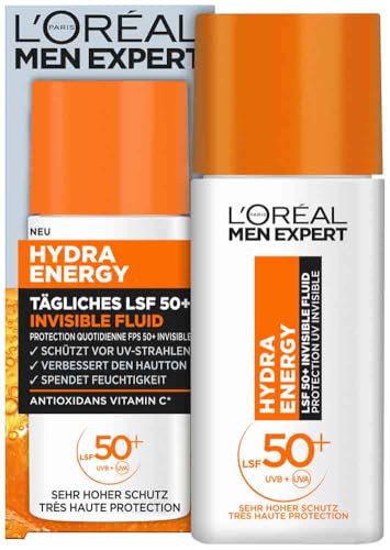 UV Sonnenschutz LSF 50 für Männer, Invisible Fluid für das Gesicht gegen Sonnenstrahlen, Herren Sonnencreme SPF 50+ gegen Hautalterung mit Vitamin C, Hydra Energy, 1 x 50 ml