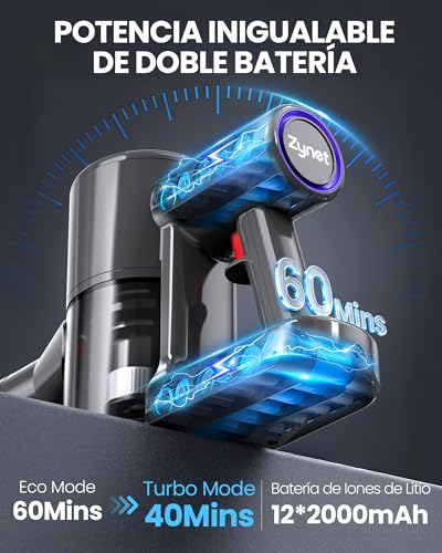 Zynet DP2 Aspiradora Sin Cable con Doble Batería, 45KPa/60Min/500W, Pantalla LED, Tubo Telescópico, Autónomo, Luz Verde, Aspiradora Escoba Sin Cable para Pelo de Mascotas/Alfombras/Suelos Duros