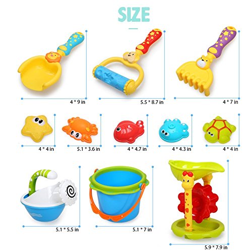 Growthpic Kids Beach Sand Toy Set with Bucket, Sand Wheel, Watering Can, Shovel, Rake, Rolling Rake and 5 Sea Creatures Molds and Sand Tool Play Set for Babies and Toddlers