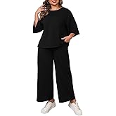 Beautife Womens Plus Size 2 Piece Outfits 3/4 Sleeve Tops and Wide Leg Pants Loungewear Pajamas Sets