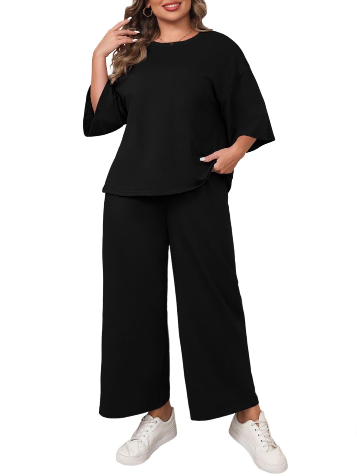 Photo 1 of Beautife Womens Plus Size 2 Piece Outfits 3/4 Sleeve Tops and Wide Leg Pants Loungewear Pajamas Sets Black L 
