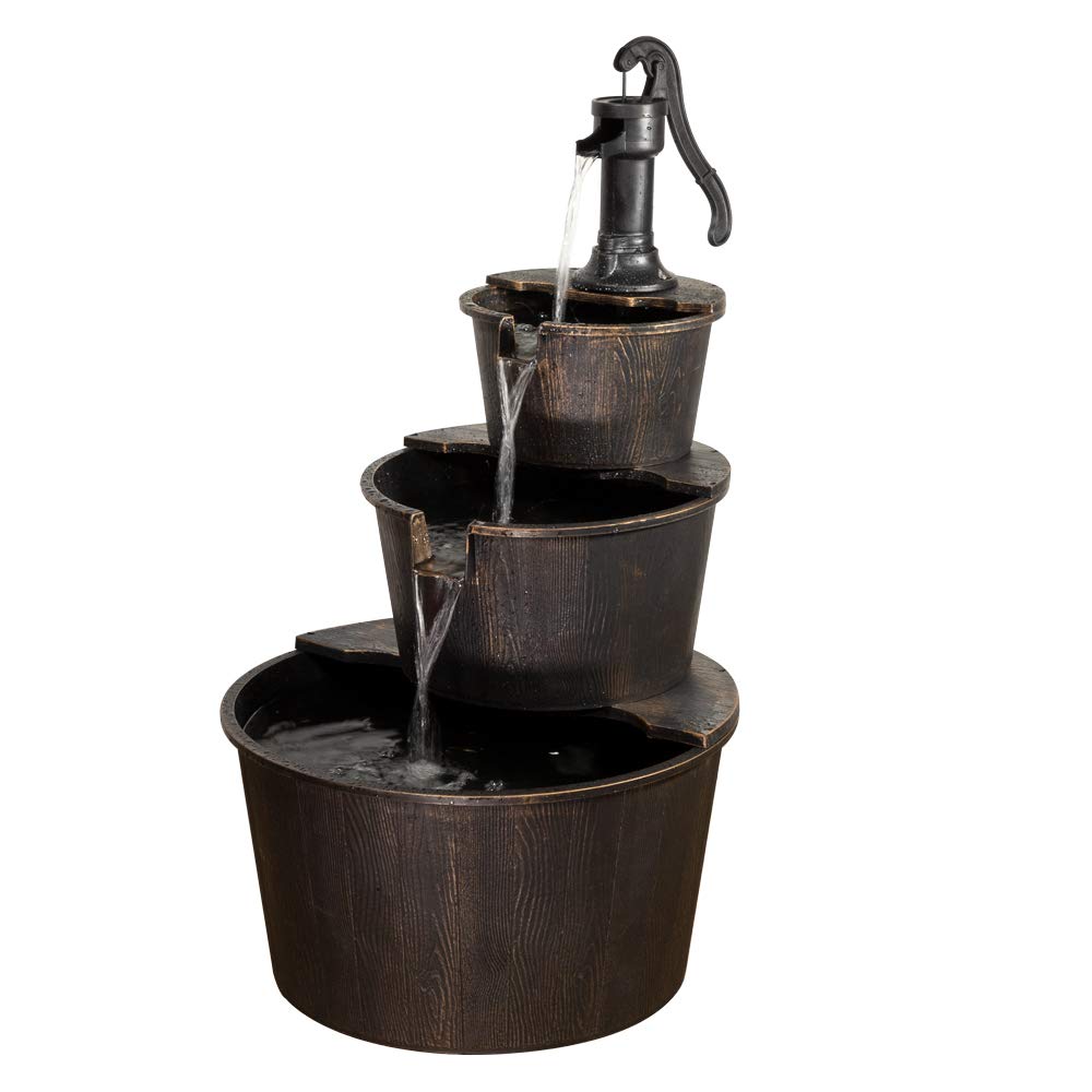 Alpine Corporation 3-Tier Rustic Pump Barrel Fountain - Outdoor Waterfall for Garden, Patio, Deck, Porch - Yard Art Decor