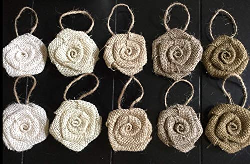 Summer Tree Wreath Burlap Christmas Ornaments-Set of 10 Burlap Flower Hanging Ornaments in Shades of Neutral Christmas Tree Wreath Table Package Decoration Holiday Party