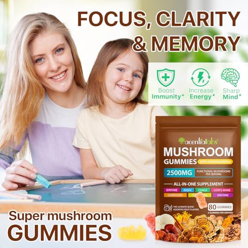 Mushroom Gummies, 80 Count Mushroom Supplement Gummies with Ashwagandha, Lion's Mane, Reishi & Chaga - All in One 2500mg Functional Mushrooms Support Immunity & Energy, Boost Vitality Overall Health