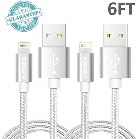 Kenex® 2 Pack 6.6ft [Silver] USB 2.0 Nylon Braided Lightning Cable USB Charging Cable Cord for iPhone 6S/6S Plus/6 Plus/6/5/5C/5S/SE, iPad Air, Mini 4, iPod 5 and iPod 7