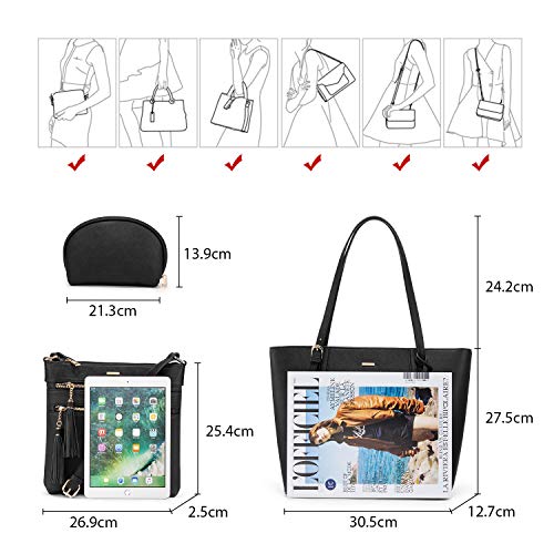 LOVEVOOK Borsa a Mano Donna Nera, Borsetta da Donna Elegante Borsa a Spalla Portafoglio 3pcs, Grande Borsa a Tracolla Donne Moda Borsetta Tote Nero, Miglior Regalo per la festa della Mamma