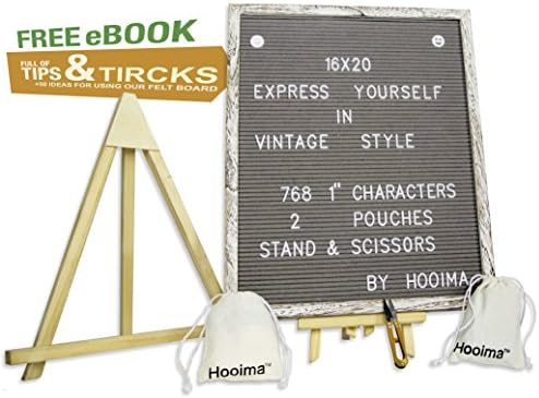 Changeable Gray Felt Letter Board Message Sign White Vintage Wood Frame with 768 1 Inch Plastic Letters and Wooden Stand (Size 16x20) - All-In-One Pack Includes Also 2 Organizing Bags and Scissors