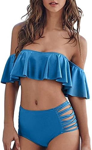 Doramode Women's Off Shoulder Ruffles Push Up Swimsuit Bikini High Waist Two Pieces Sexy Swimwear Set