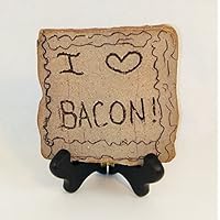 dist by American mud products I (Heart) Bacon - Handmade Plaque with Unique Saying, Desk Top Plaque on Wood Stand, Show Your Love of Bacon to Everyone