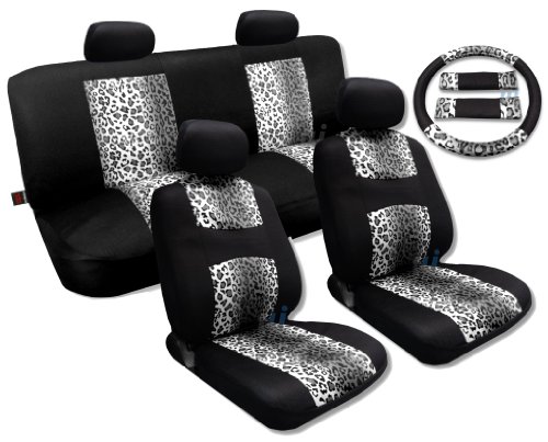 Cool Fur Print Snow Gray Leopard Black Knit Mesh Cool Breeze Spotted Animal Print Seat Cover Set Fits Toyota Camry