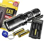 Nitecore EA11 900 Lumens Mini Cree XM-L2 U2 LED Flashlight with Two Genuine Nitecore IMR 14500 Rechargeable Batteries, Nitecore UM20 Digital USB charger, Lumen Tactical Keychain Light