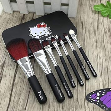 Squared Makeup Brush with Kitty Print Box (Black) - Set of 7