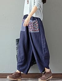 Flygo las damaes Baggy pantalones casuales de algodón lino suelto Harlan Pantalones Cintura elástica