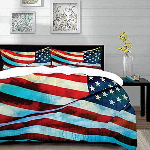 Yaoni bedding - Duvet Cover Set, American Flag,American Flag in The Wind on Flagpole Memorial Patriot History Image,Microfibre Duvet Cover Set 230 x 220cm with 2 Pillowcase 50 X 80cm