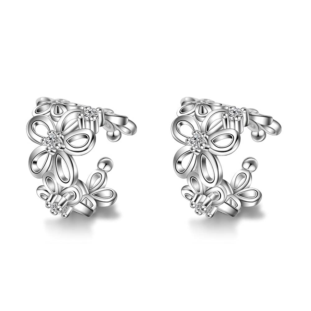 CZ Flower Cuff Wrap Clip On Hoop Earrings for Women Teen Girls Non Piercing Ear Cartilage Dainty Hoops