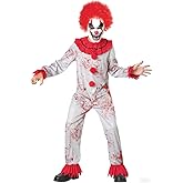 JUST FOR PARTY Killer Clown Costume for Kids,Scary Clown Jumpsuit and Afro Red Hair Mask for Boys Halloween