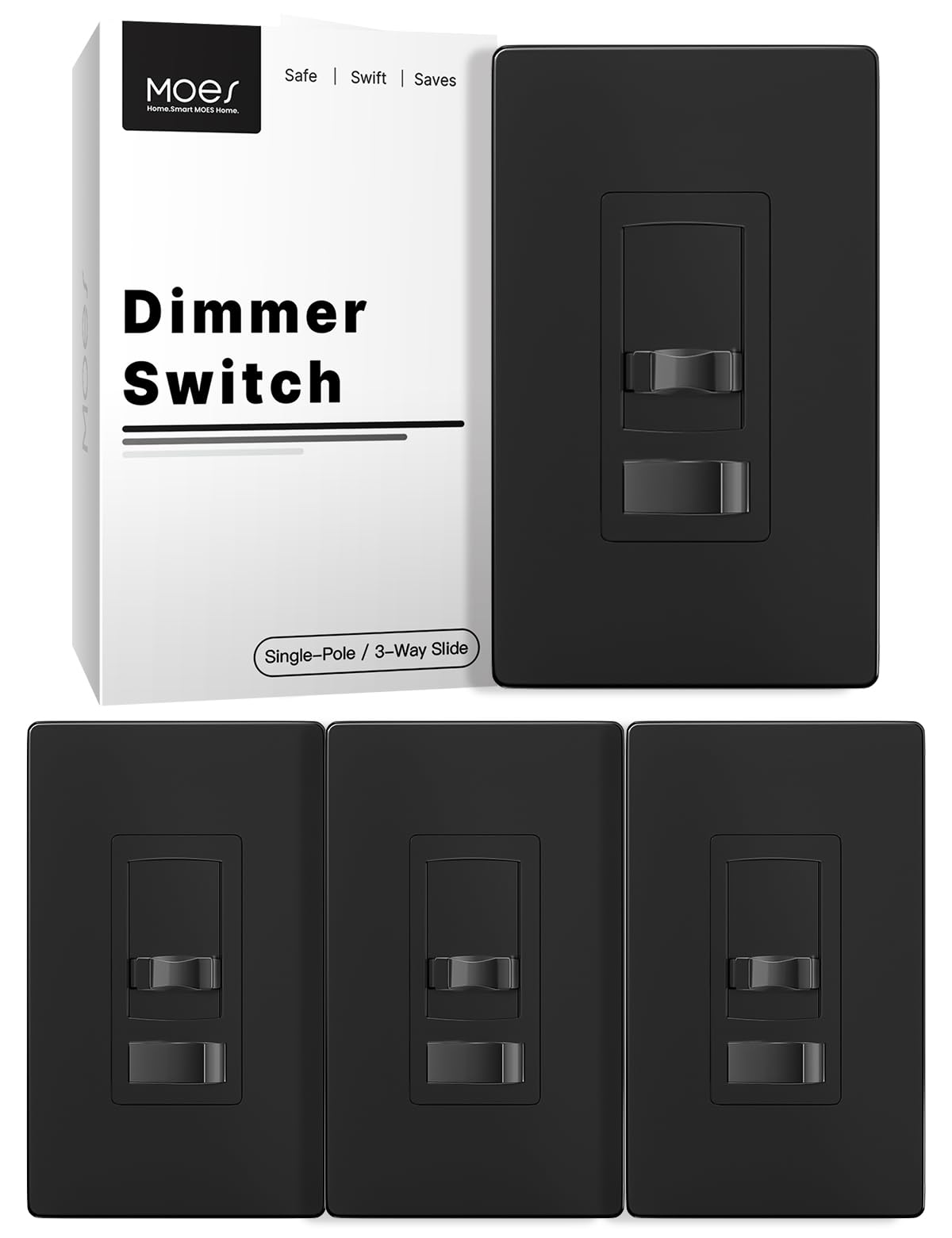 Photo 1 of MOES Black Dimmer Light Switches 4 Pack, 3 Way & Single Pole Dimmable Switch for LED,CFL,Incandescent,Halogen, 600Watt Max, ON/Off Switch with Dimming Slide, No Neutral Wire Required