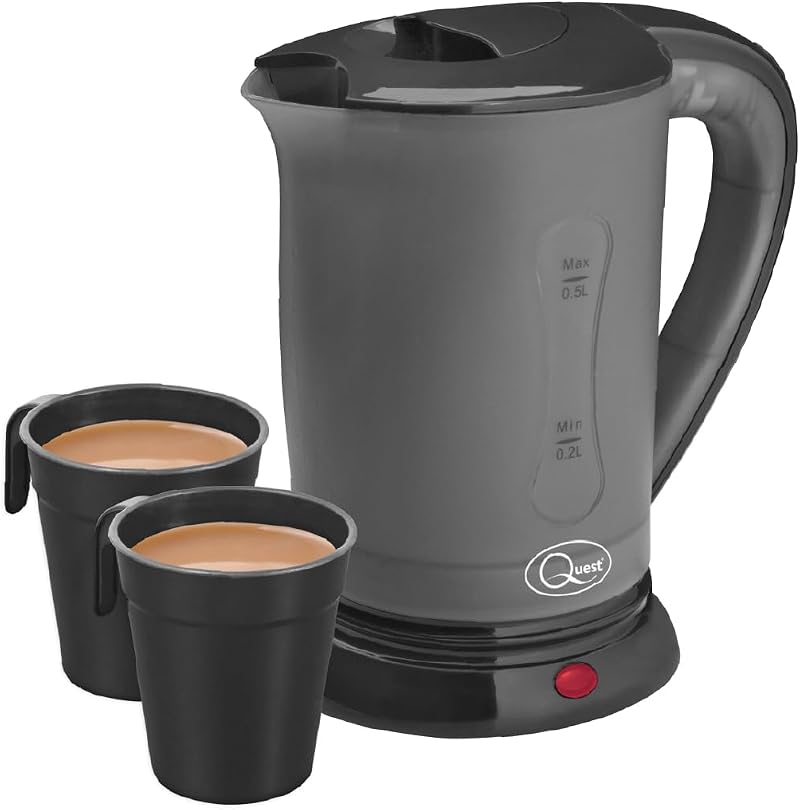Quest Black Compact Travel Kettle 0.5L Dual Voltage 600W 2 Cups