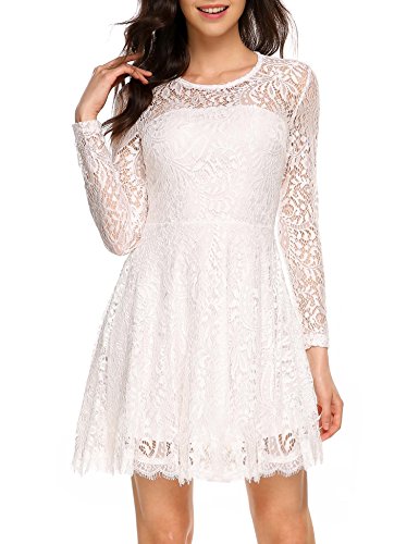 ANGVNS Women Vintage 1950s Style Long Sleeve Lace Flare A-Line Dress, White, S