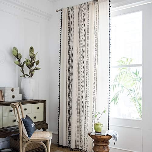 Hughapy Boho Curtains For Bedroom Bohemian Geometric Tassel Curtains Rod Pocket Cotton Linen Farmhouse Country Style Room Darkening Curtain Panel For Living Room 1 Panel 59w X 87l Cream Buy Online At