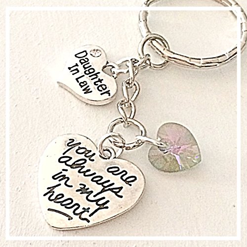 Daughter In Law Silver Charm Keychain Gift You Are Always in My Heart with Swarovski Crystal Pendant