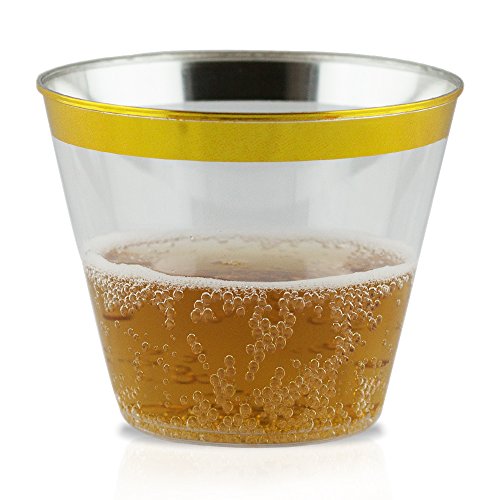60 Gold Plastic Cocktail Cups | Hard Clear Disposable Wine Cups with Gold Rim | Fancy 9oz. Tumblers | Great for Parties, Weddings, Graduation and Bridal Showers