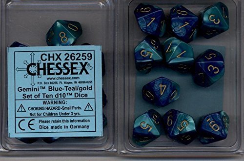 Chessex Gemini Blue & Green D10 Dice Set With Gold Numbers - Set Of 10 Ten-Sided Dice