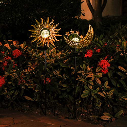 Solar Lights Outdoor Garden Decor,Waterproof Metal Sun Moon Decorative Stakes for Walkway,Yard,Lawn,Patio(2 Pack)